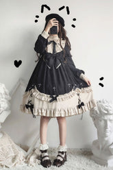 Black Round Collar Chest Bow Cross Print Ruffled Sweet Lolita Op Dress (Plus Size Version)